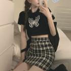 Short-sleeve Butterfly Print T-shirt / Plaid Fitted Mini Skirt