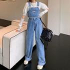 Denim Crop Tank Top / Wide Leg Jeans / Short-sleeve Knit Top / Arm Sleeves / Set