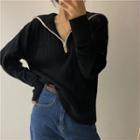 Long-sleeve Half-zip Turtleneck Knit Top Black - One Size