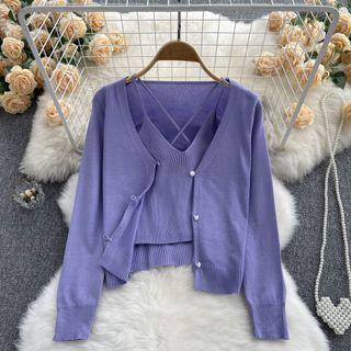 Set Of 2 : Suspender V-neck Cropped Knit Top + Long-sleeve Plain Cardigan
