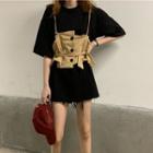 Elbow-sleeve T-shirt / Spaghetti-strap Buttoned Top With Sash