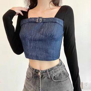 Long-sleeve Square-neck Panel Denim Cropped Top
