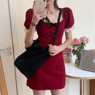 Puff-sleeve Lace Trim Mini Dress