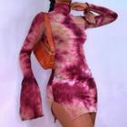 Mock-neck Tie-dyed Bell-sleeve Sheath Dress