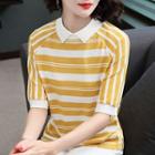 Striped Elbow Sleeve Knit Polo Shirt