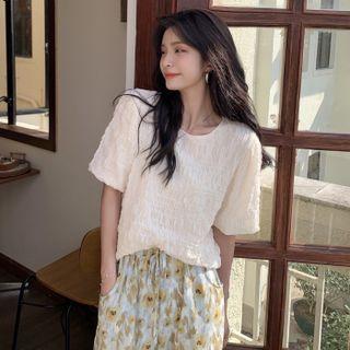 Puff-sleeve Round Neck Lace Top/ Wide Leg Floral Pants