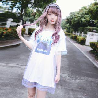 Set: Printed Elbow-sleeve T-shirt + Elbow-sleeve Mesh Top