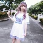 Set: Printed Elbow-sleeve T-shirt + Elbow-sleeve Mesh Top