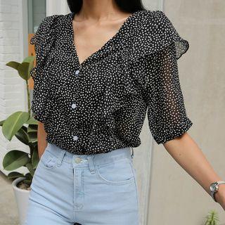 V-neck Frilled Dotted Chiffon Blouse