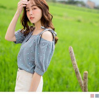 Tie-shoulder Sweetheart Patterned Short-sleeve Top