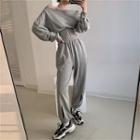 Long-sleeve Off-shoulder Cropped Top / Cutout Loose-fit Sweatpants