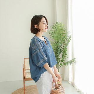 V-neck Embroidered Denim Blouse