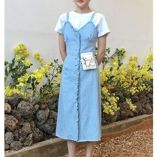 Ruffle Trim Single Breasted Strappy Denim Dress