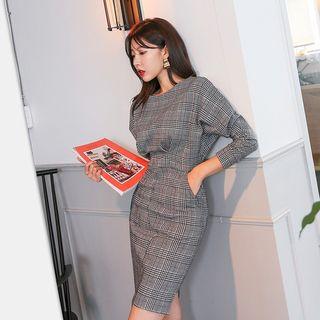 Long-sleeve Plaid Asymmetric-hem Dress