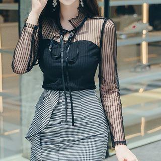 Set: Mesh Tie-strap Blouse + Gingham Mini Pencil Skirt