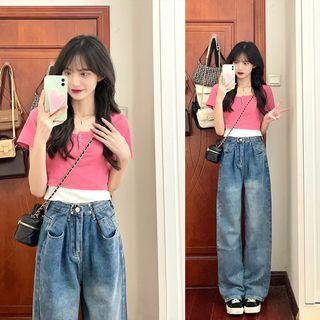 Short-sleeve Henley Top / Loose Fit Jeans / Set