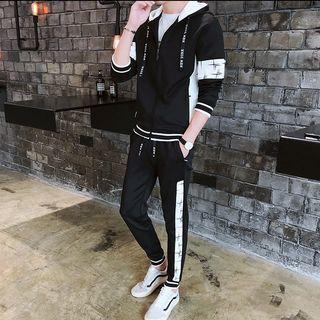 Set: Lettering Strap Zip Hoodie + Print Panel Sweatpants