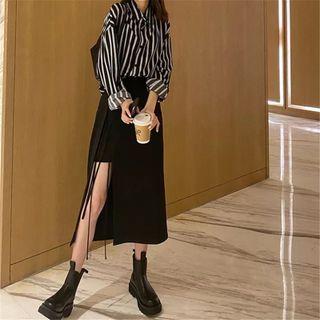 Set: Long Sleeve Striped Shirt + Asymmetrical Midi Skirt