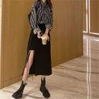 Set: Long Sleeve Striped Shirt + Asymmetrical Midi Skirt