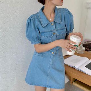 Short-sleeve Denim Cropped Jacket / Mini Skirt