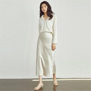 Zip-side Satin Skirt Beige - One Size