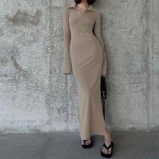 Bell-sleeve Collar V-neck Slit Maxi Dress