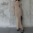 Bell-sleeve Collar V-neck Slit Maxi Dress