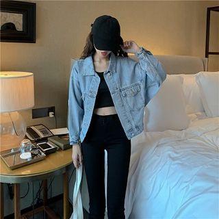 Single-breasted Long-sleeve Denim Jacket / Plain High-waist Jeans