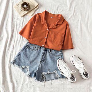 Plain Elbow-sleeve Shirt Tangerine Red - One Size