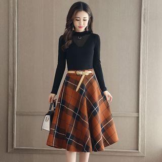 Set: Mock Neck Knit Top + Plaid A-line Skirt