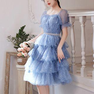 Puff-sleeve Mesh Layered Mini A-line Prom Dress