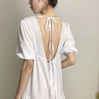 Puff-sleeve Open-back Plain Dress