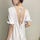 Puff-sleeve Open-back Plain Dress