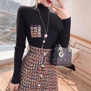 Set: Mock-neck Long-sleeve Knit Top + Midi A-line Tweed Skirt