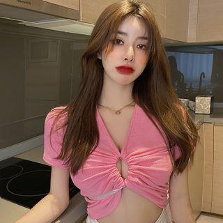 Short-sleeve Ribbon-accent Crop Top