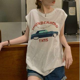 Cap-sleeve Car Print T-shirt