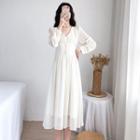 Long-sleeve Embellished V-neck Midi A-line Dress