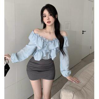 Long-sleeve Off-shoulder Ruffle Blouse / Plain Mini Skirt