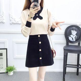 Set: Contrast Bow-neck Knit Top + Button-up A-line Skirt