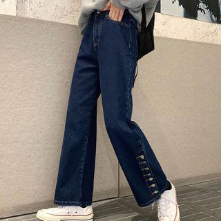Buttoned Cuff Wide-leg Jeans