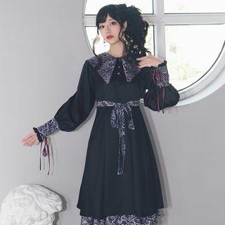 Printed Panel Sailor Collar Long-sleeve Midi A-line Dress