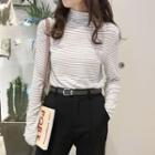Mock Turtleneck Striped Long-sleeve Top