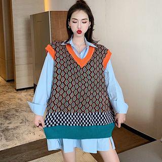 Oversize Long Shirt / Patterned Knit Vest