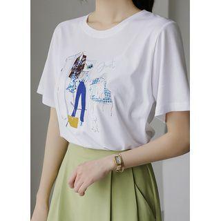 Illustrated Rhinestone T-shirt Ivory - One Size