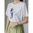 Illustrated Rhinestone T-shirt Ivory - One Size