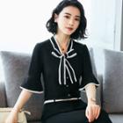 3/4-sleeve Contrast Trim Ribbon Shirt / Mini Pencil Skirt