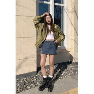 Belted Stitched Denim Miniskirt