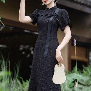 Puff-sleeve Midi Sheath Qipao Dress