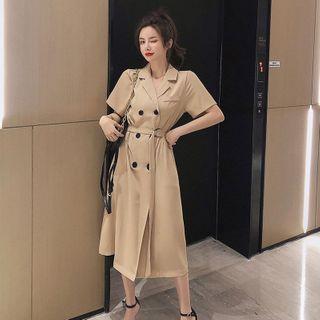 Short-sleeve Double-breasted Midi A-line Coat Dress