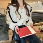 Long-sleeve V-neck Contrast Trim Lace Top